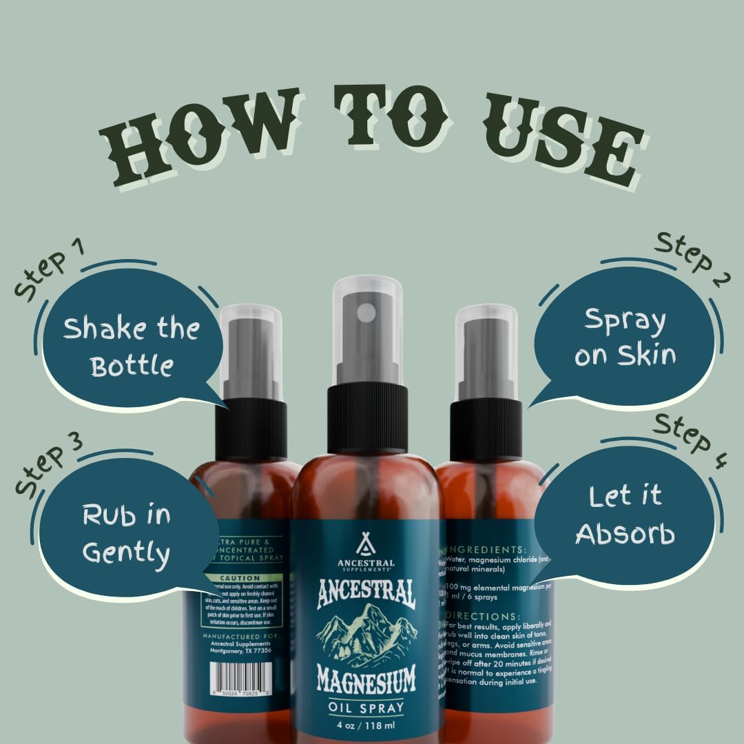 Natural Mineral Magnesium Spray for Sleep and Muscle Support, 4 oz Topical Oil Supplement