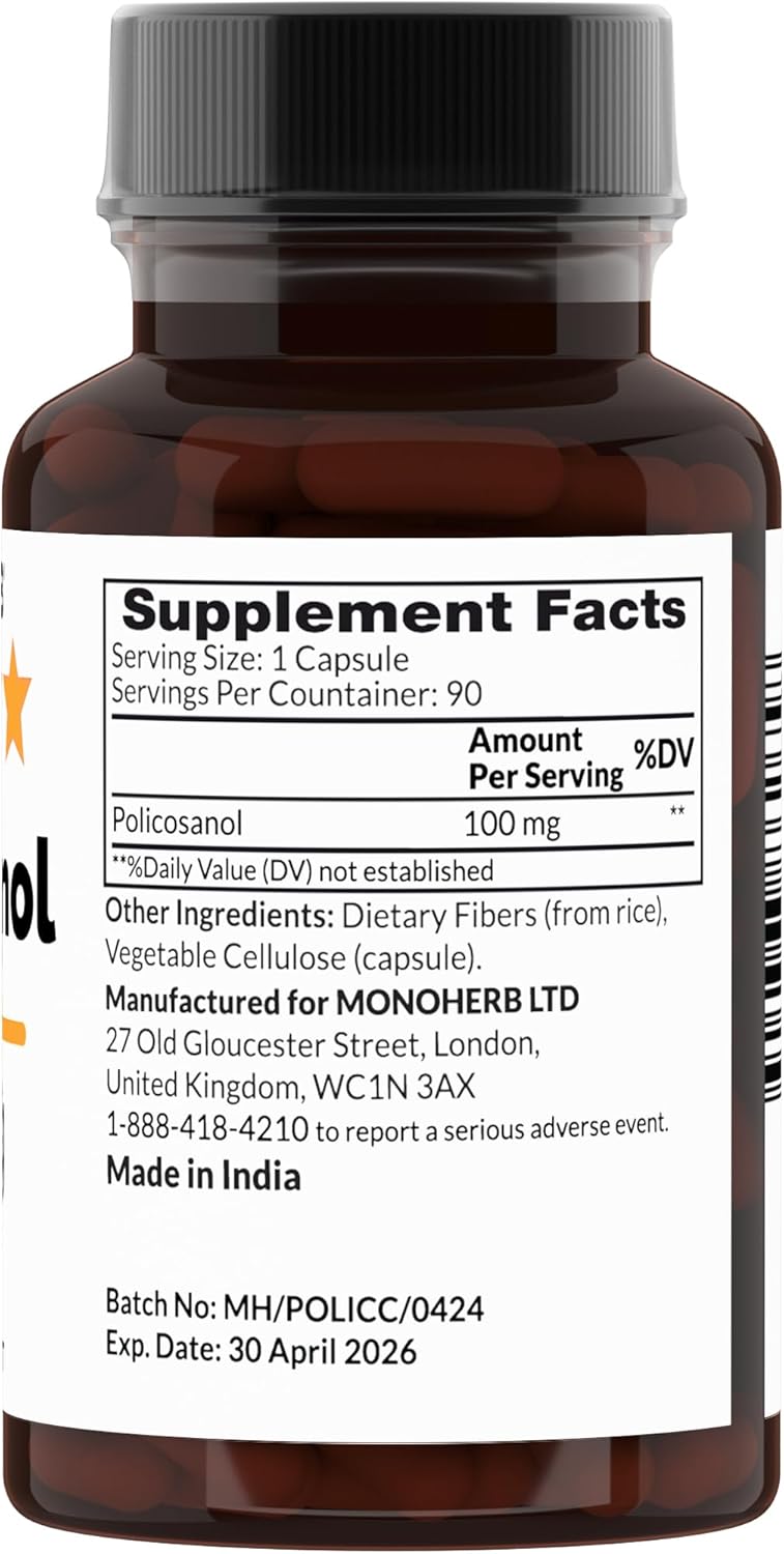 Natural MONOHERB Policosanol Supplement - 100mg per Capsule - 90 Vegetarian Capsules for Heart Health