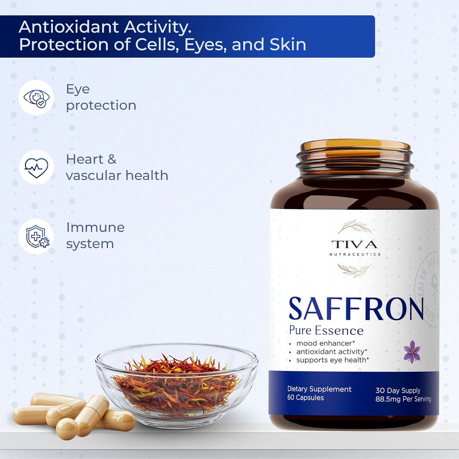 Natural Mood Booster & Antioxidant-Rich Saffron Extract Capsules for Eye Health Support - 60 Vegan Capsules by TIVA Nutraceutics