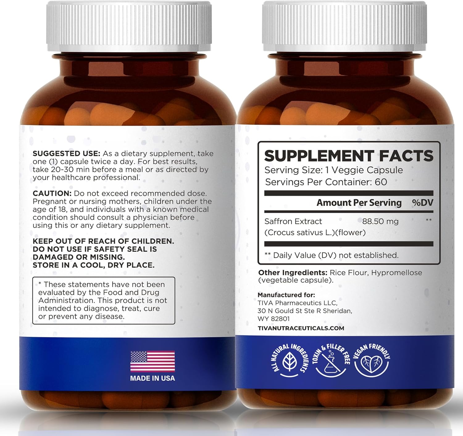 Natural Mood Booster & Antioxidant-Rich Saffron Extract Capsules for Eye Health Support - 60 Vegan Capsules by TIVA Nutraceutics