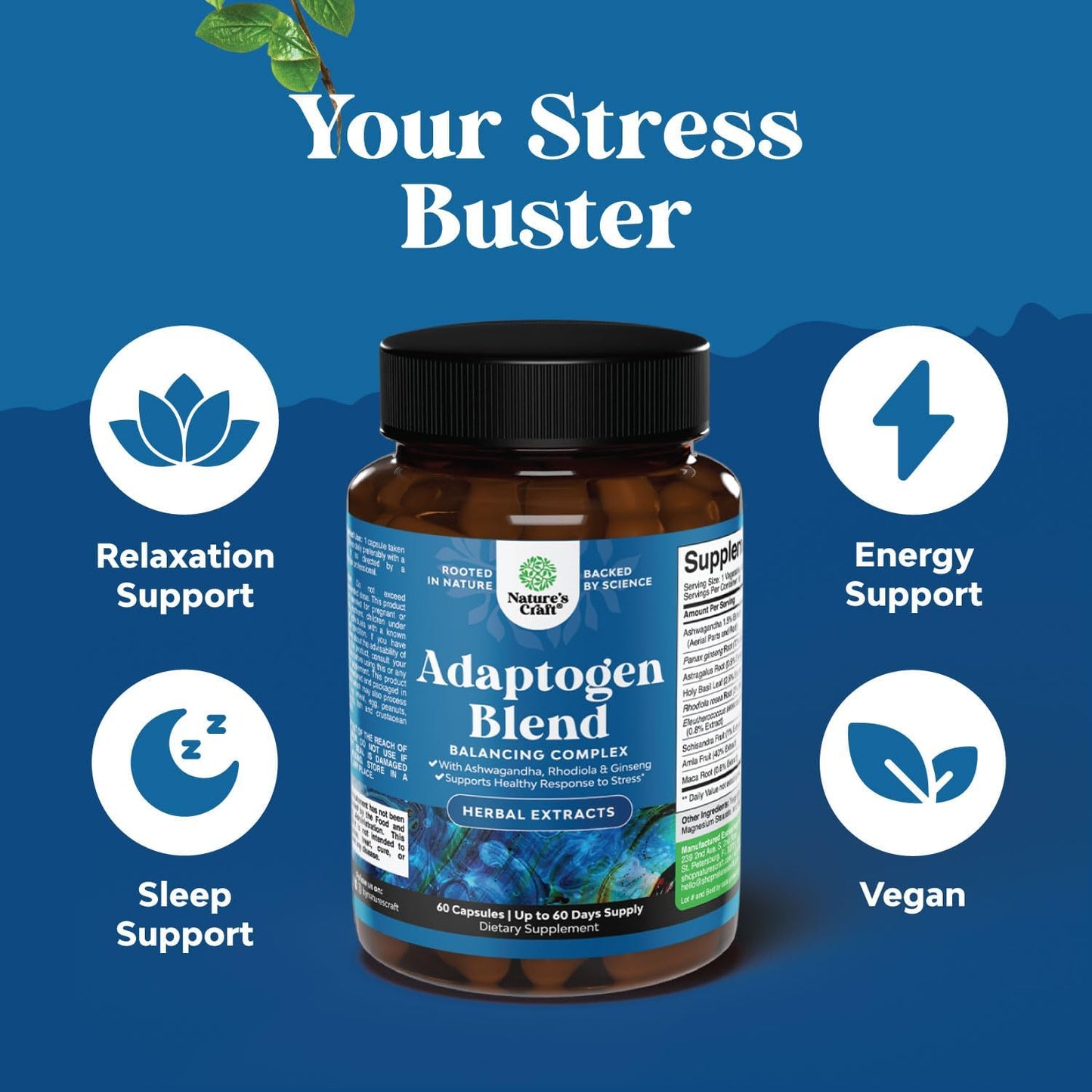 Natural Mood Support Supplement with Adaptogens for Stress & Cortisol - Ashwagandha, Rhodiola Rosea, Maca Root - Vegan & Non-GMO - 60ct