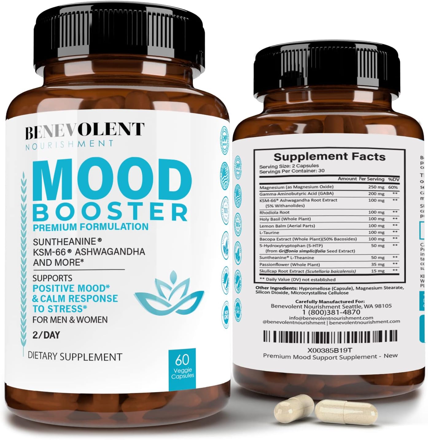 Natural Mood Support Supplement with Ashwagandha, L-Theanine, Rhodiola Rosea, and Magnesium - 60 Count