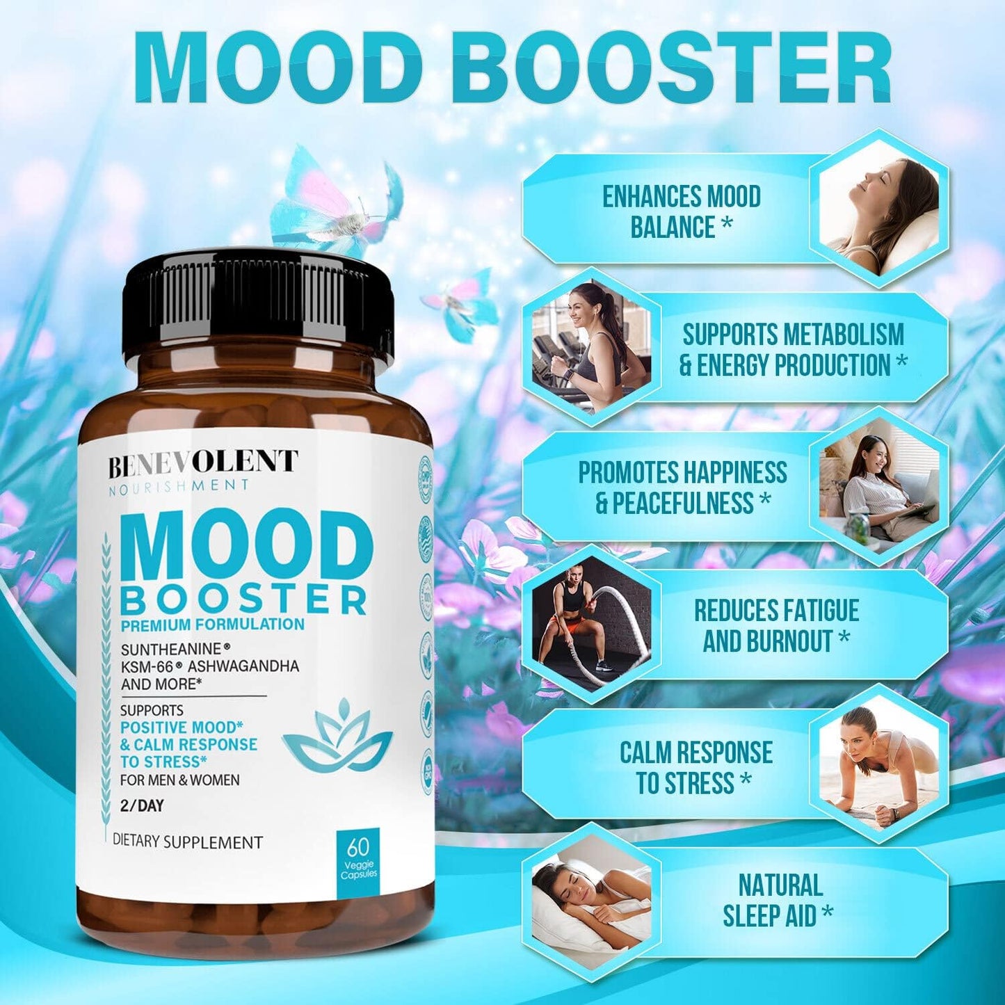 Natural Mood Support Supplement with Ashwagandha, L-Theanine, Rhodiola Rosea, and Magnesium - 60 Count