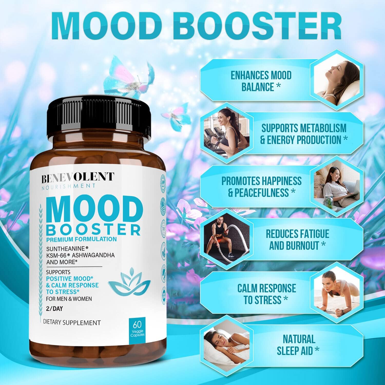 Natural Mood Support Supplement with Ashwagandha, L-Theanine, Rhodiola Rosea, and Magnesium - 60 Count