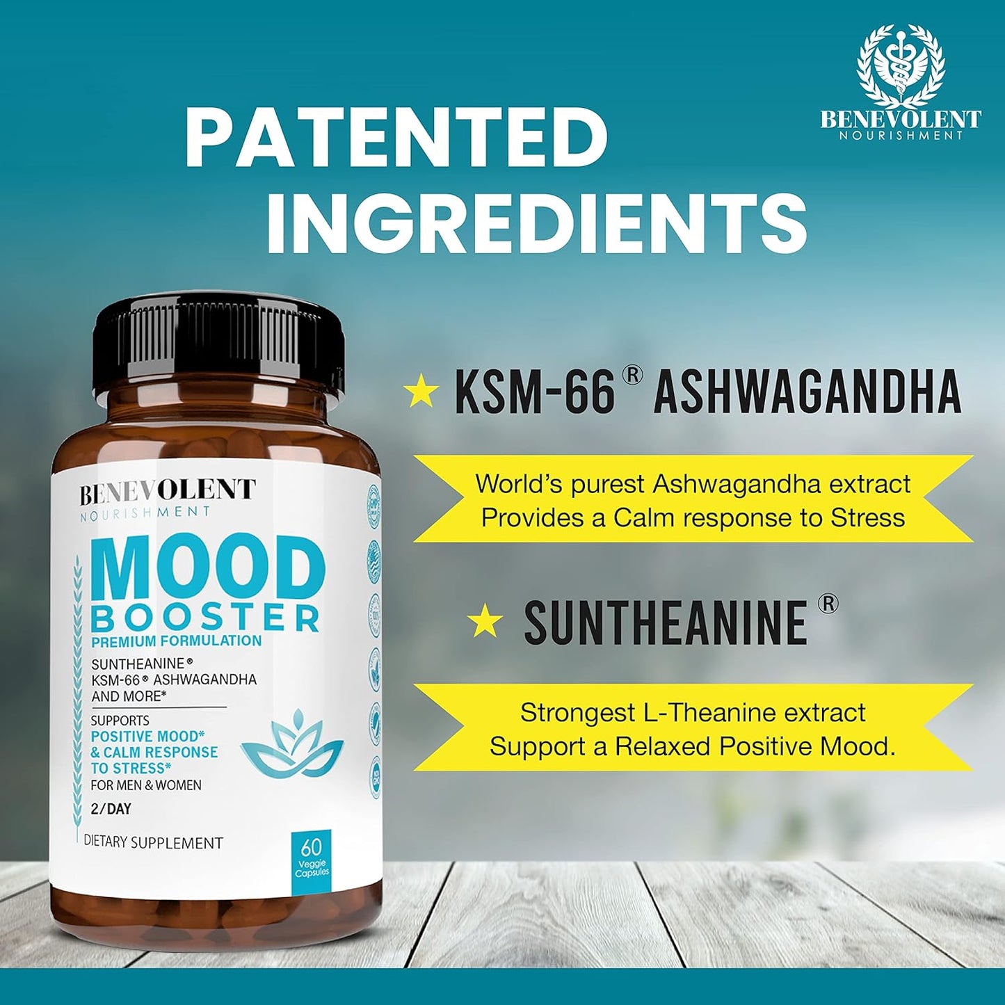 Natural Mood Support Supplement with Ashwagandha, L-Theanine, Rhodiola Rosea, and Magnesium - 60 Count