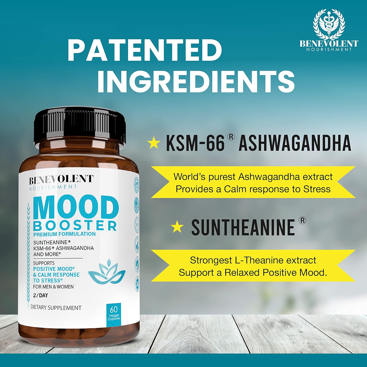 Natural Mood Support Supplement with Ashwagandha, L-Theanine, Rhodiola Rosea, and Magnesium - 60 Count
