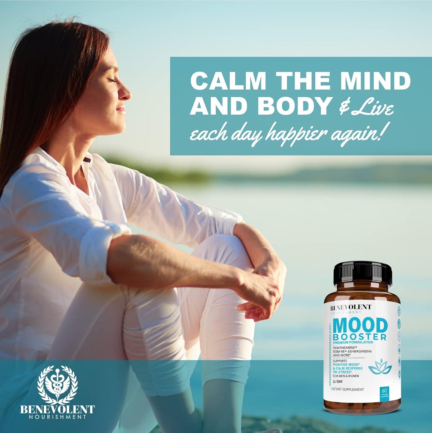 Natural Mood Support Supplement with Ashwagandha, L-Theanine, Rhodiola Rosea, and Magnesium - 60 Count