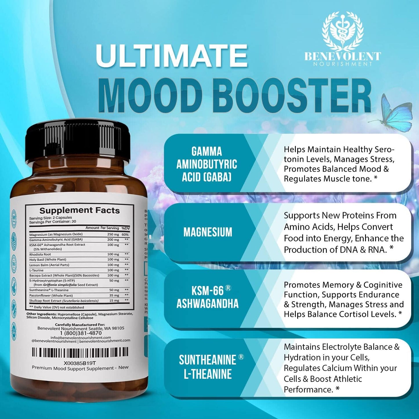 Natural Mood Support Supplement with Ashwagandha, L-Theanine, Rhodiola Rosea, and Magnesium - 60 Count