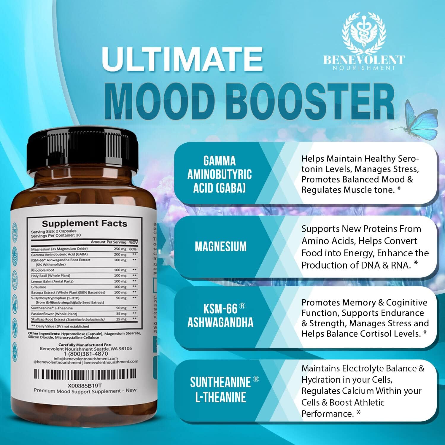 Natural Mood Support Supplement with Ashwagandha, L-Theanine, Rhodiola Rosea, and Magnesium - 60 Count