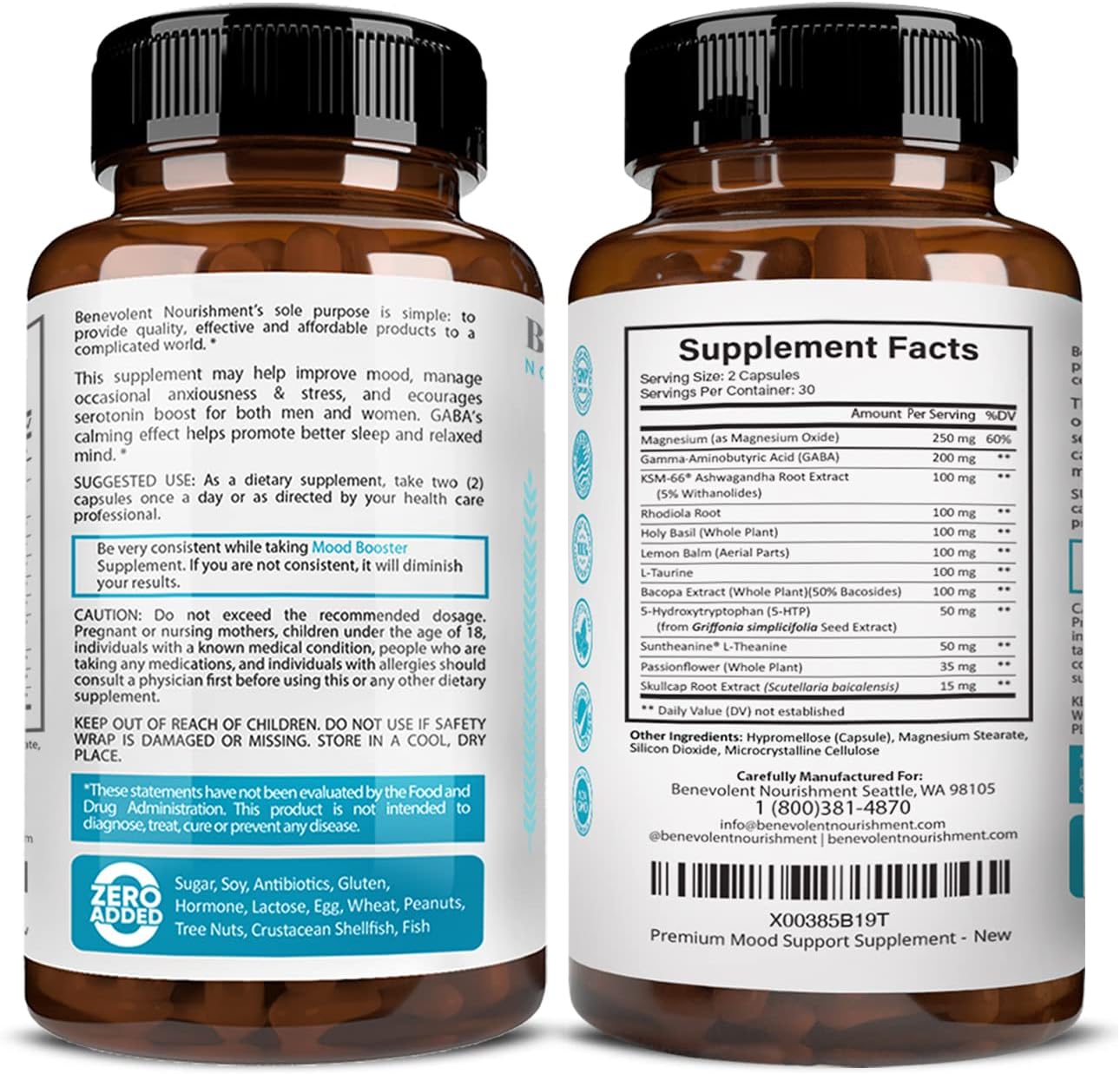 Natural Mood Support Supplement with Ashwagandha, L-Theanine, Rhodiola Rosea, and Magnesium - 60 Count