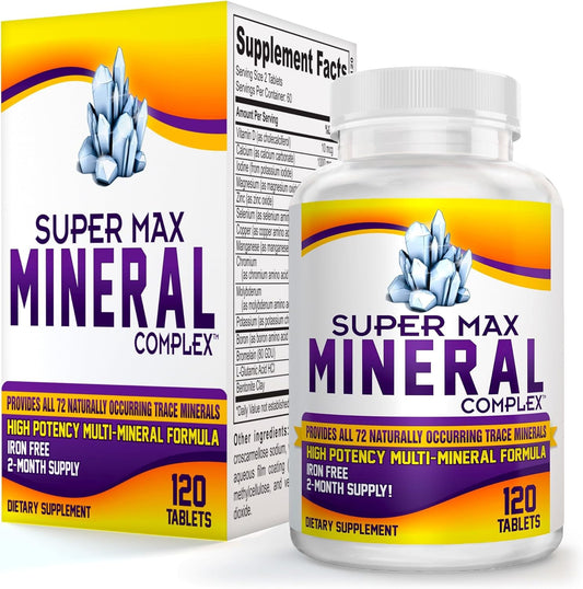 Natural Multiminerals with 72 Trace Minerals - High Potency 2-Month Supplement - Iron Free Formula | 120 Tablets