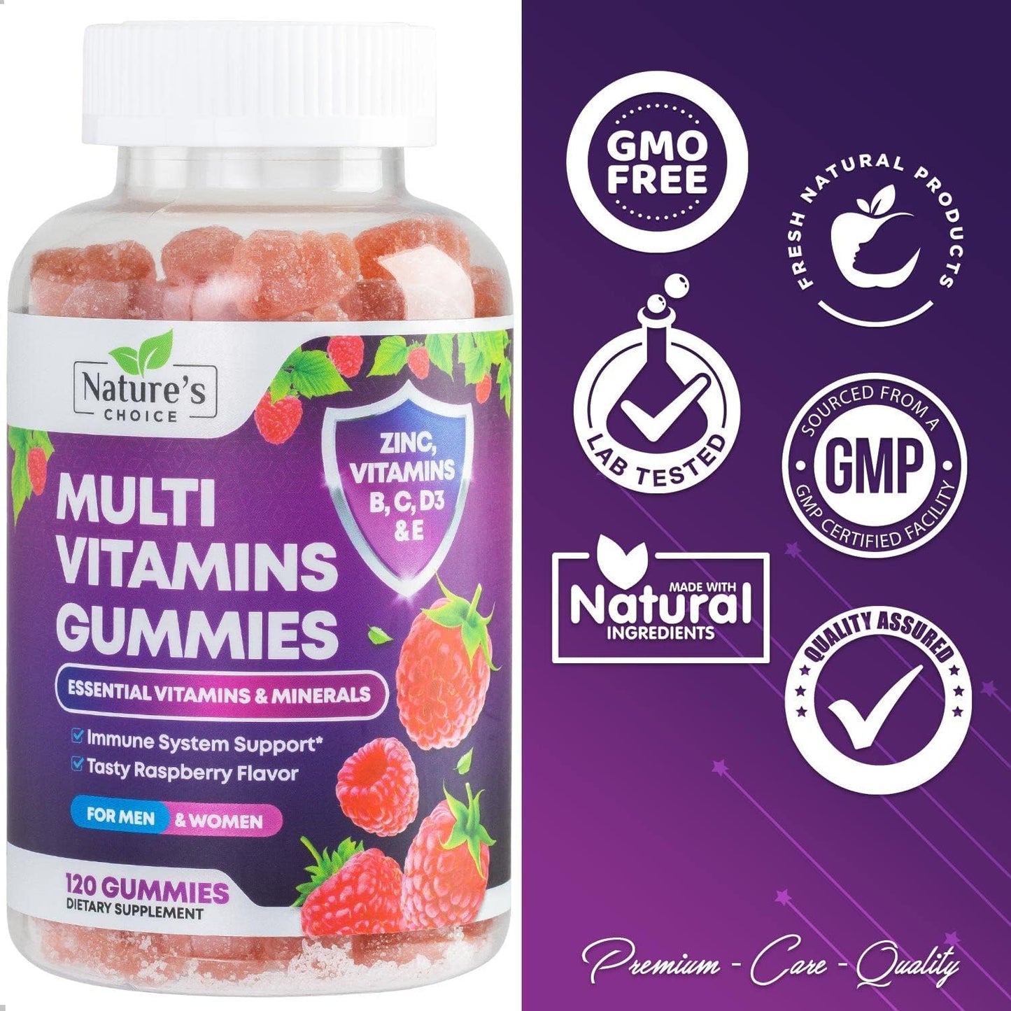 Natural Multivitamin Gummies for Adults - Daily Gummy Vitamins with A, C, E, B6, B12 - Non-GMO, Berry Flavor - 120 Gummies