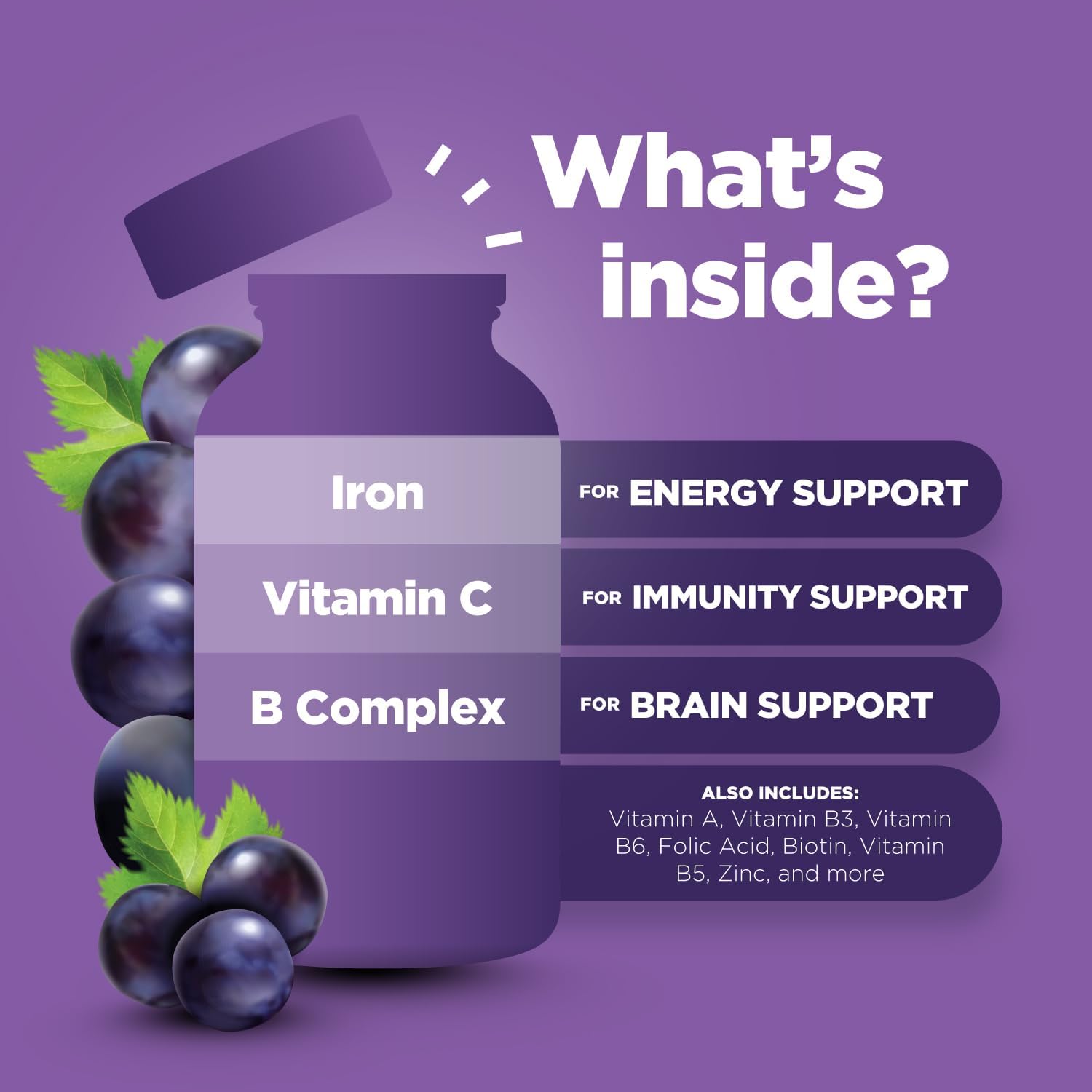 Natural Multivitamin Iron Gummies for Adults - Energy Boost B Complex Vitamins - Gummy Supplement for Mental Clarity and Focus