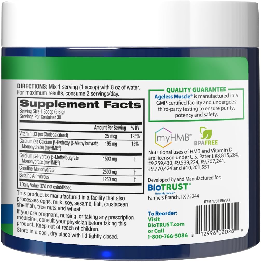 Natural Muscle Building Powder with Creatine HMB, Vitamin D3, and Betaine - Boost Strength and Preserve Muscle Mass - Unflavored, 30 Servings