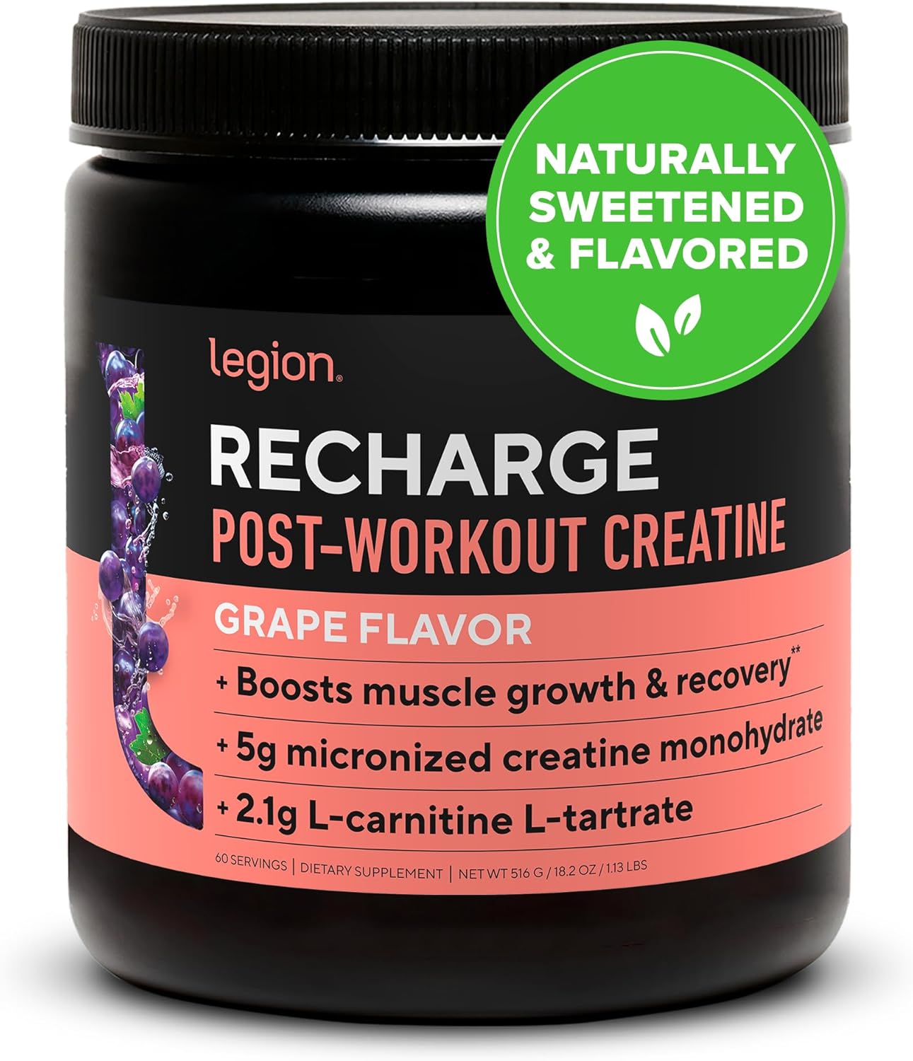 Natural Muscle Building & Recovery Drink with Micronized Creatine Monohydrate - LEGION Recharge Post Workout Supplement, Grape Flavor (60 Servings)