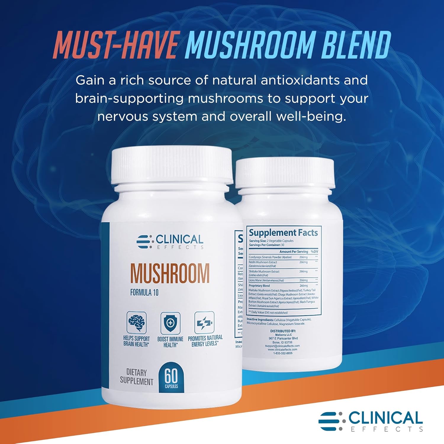 Natural Mushroom Supplement for Focus, Mood, and Brain Booster - Nootropic & Immune Support - 60 Veggie Capsules