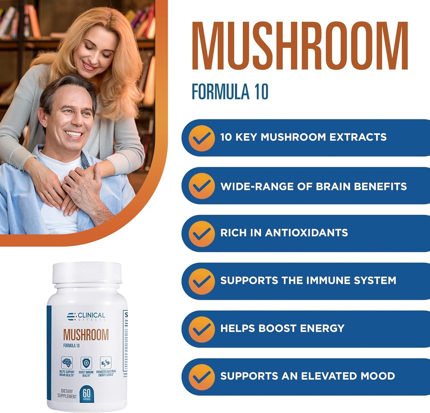 Natural Mushroom Supplement for Focus, Mood, and Brain Booster - Nootropic & Immune Support - 60 Veggie Capsules
