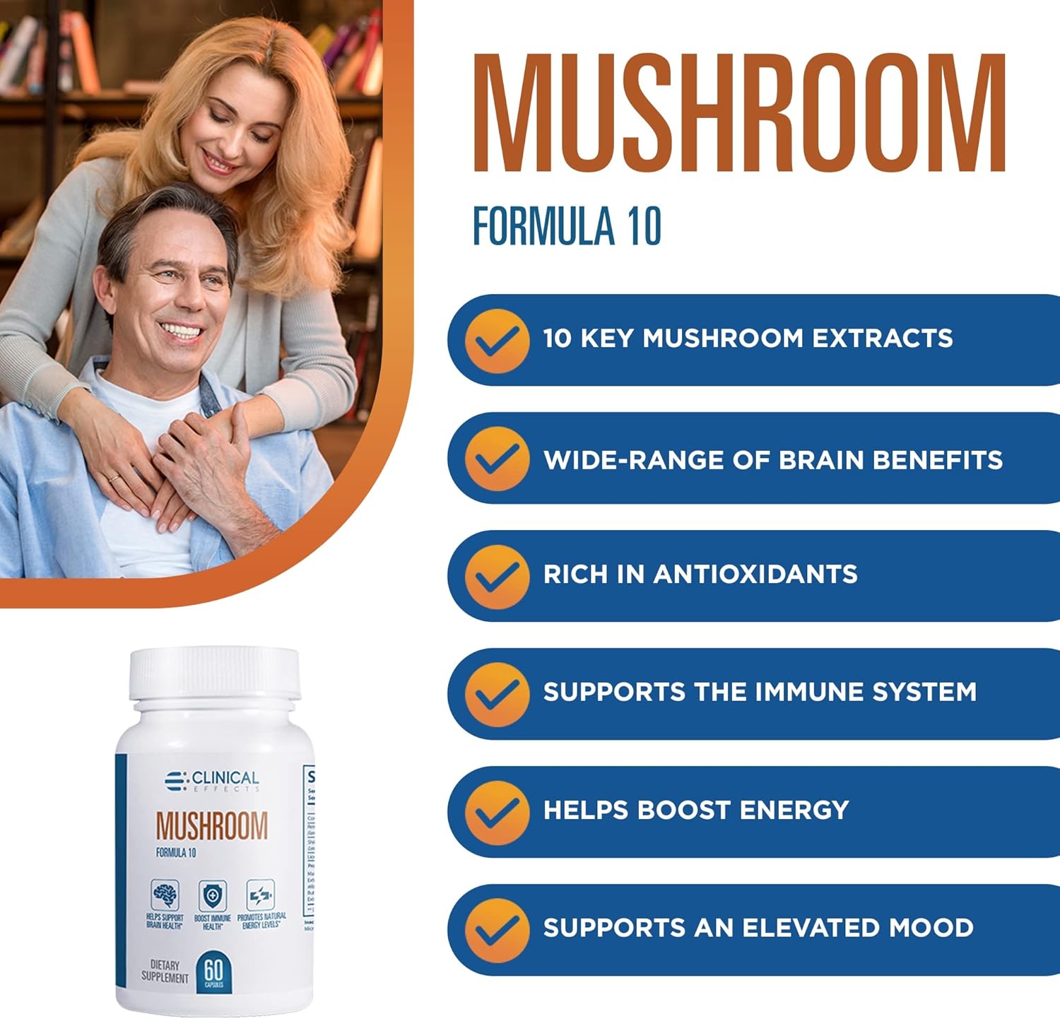 Natural Mushroom Supplement for Focus, Mood, and Brain Booster - Nootropic & Immune Support - 60 Veggie Capsules