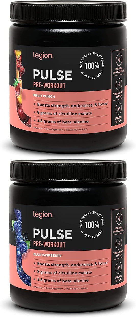 Natural Nitric Oxide Pre Workout Drink - Boost Energy with LEGION Pulse Supplement, Creatine Free, Sweetened with Beta Alanine, Citrulline, Alpha GPC (Fruit Punch & Blue Raspberry)