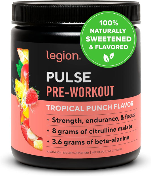 Natural Nitric Oxide Pre-Workout Drink for Energy Boost - Creatine-Free, Naturally Sweetened with Beta Alanine, Citrulline, Alpha GPC - Tropical Punch Flavor