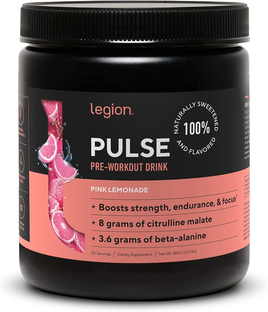 Natural Nitric Oxide Preworkout Drink - Boost Energy with LEGION Pulse, Creatine-Free, Sweetened with Beta Alanine, Citrulline, and Alpha GPC (Pink Lemonade)