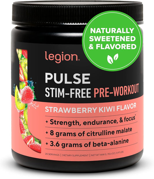 Natural Nitric Oxide Preworkout Drink - Caffeine Free Strawberry Kiwi Powder with Beta Alanine Alpha GPC Citrulline - LEGION Pulse Supplement