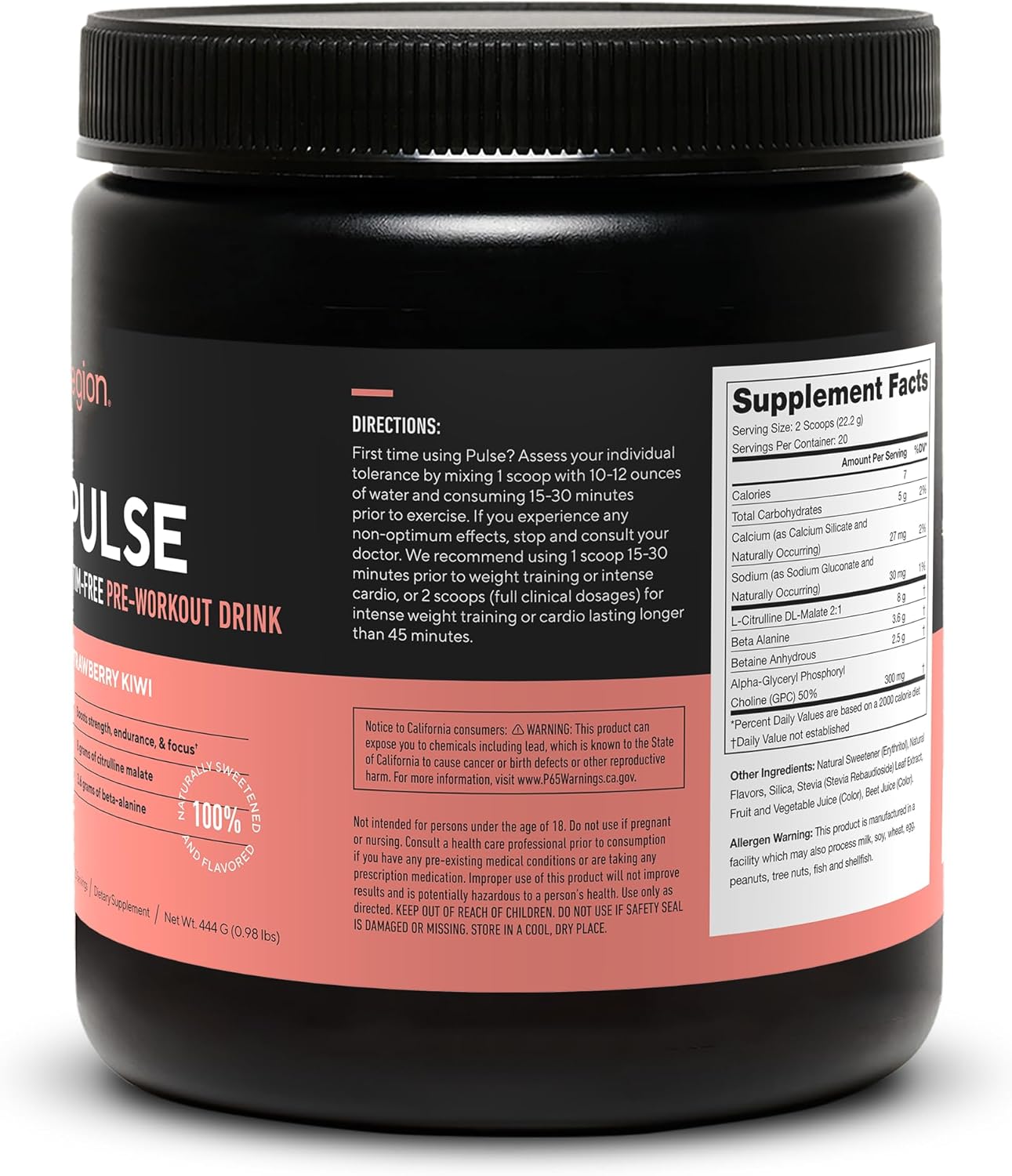 Natural Nitric Oxide Preworkout Drink - Caffeine Free Strawberry Kiwi Powder with Beta Alanine Alpha GPC Citrulline - LEGION Pulse Supplement