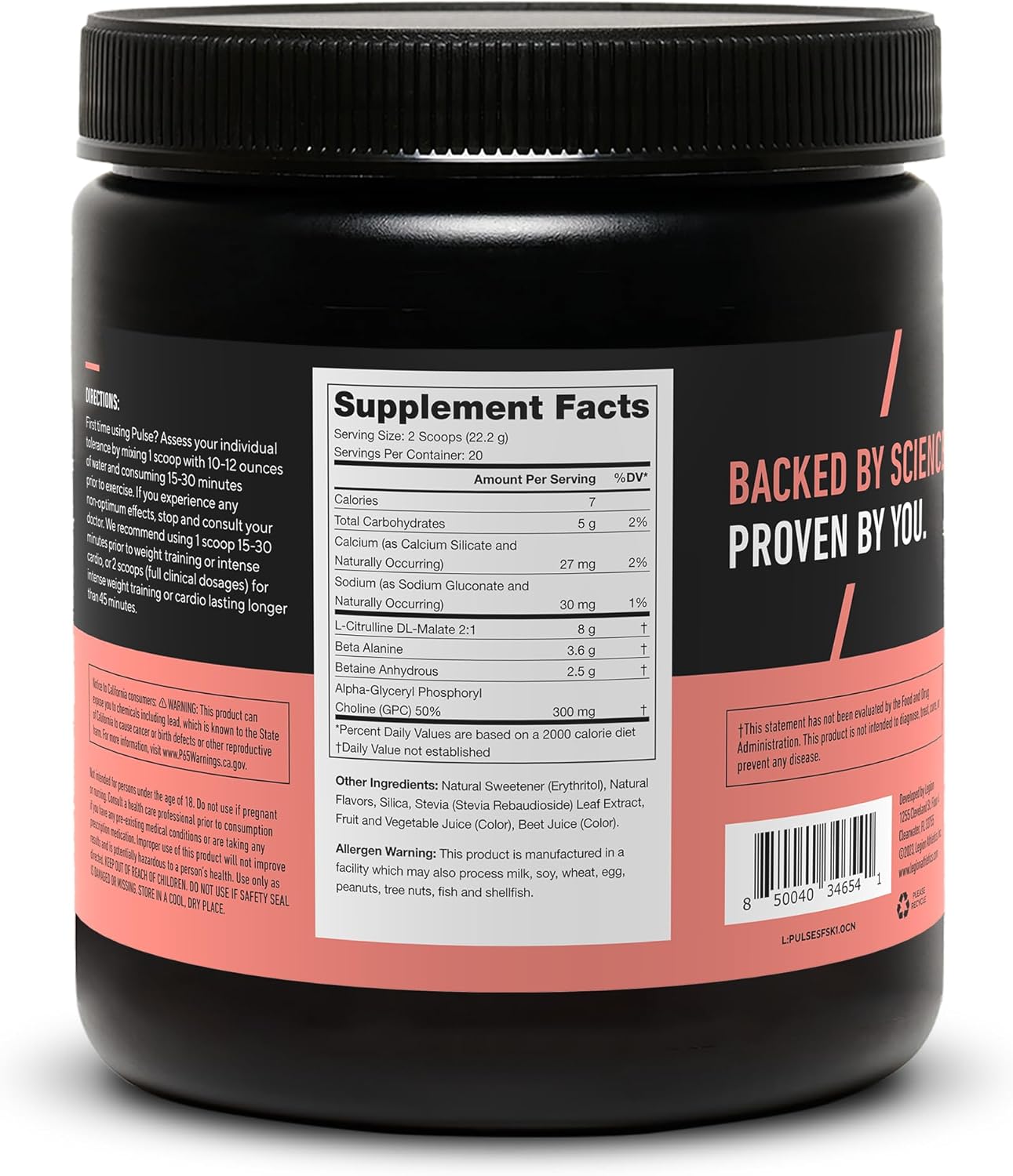 Natural Nitric Oxide Preworkout Drink - Caffeine Free Strawberry Kiwi Powder with Beta Alanine Alpha GPC Citrulline - LEGION Pulse Supplement