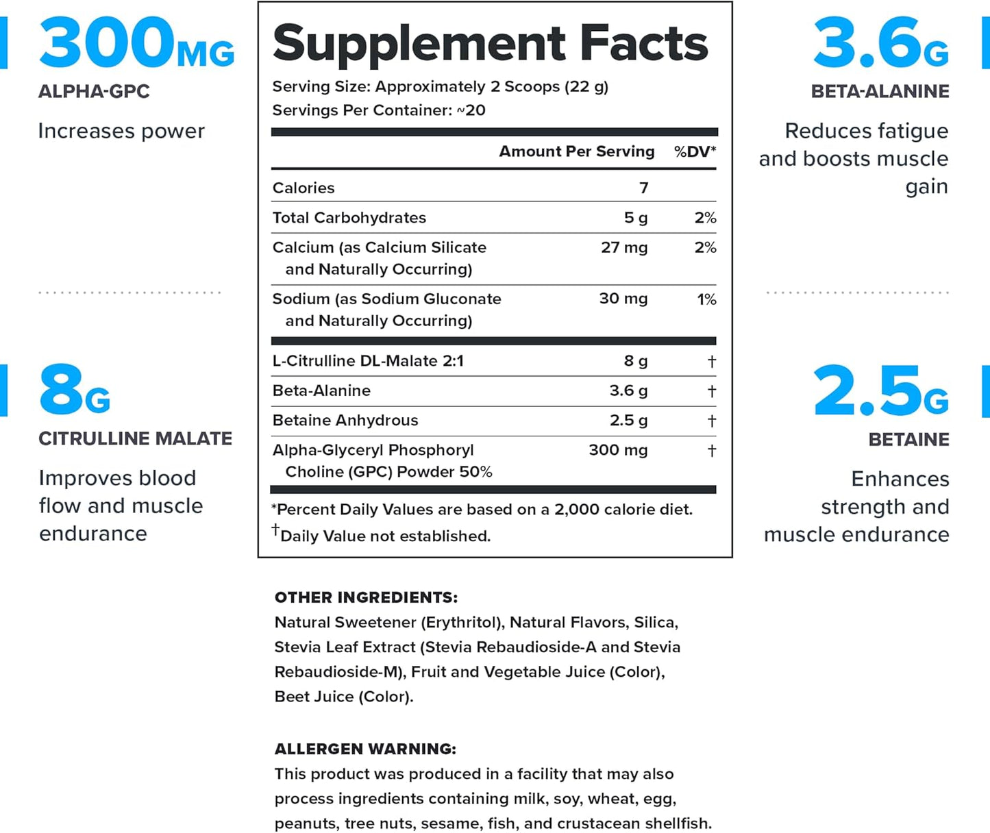 Natural Nitric Oxide Preworkout Drink - Caffeine Free Strawberry Kiwi Powder with Beta Alanine Alpha GPC Citrulline - LEGION Pulse Supplement