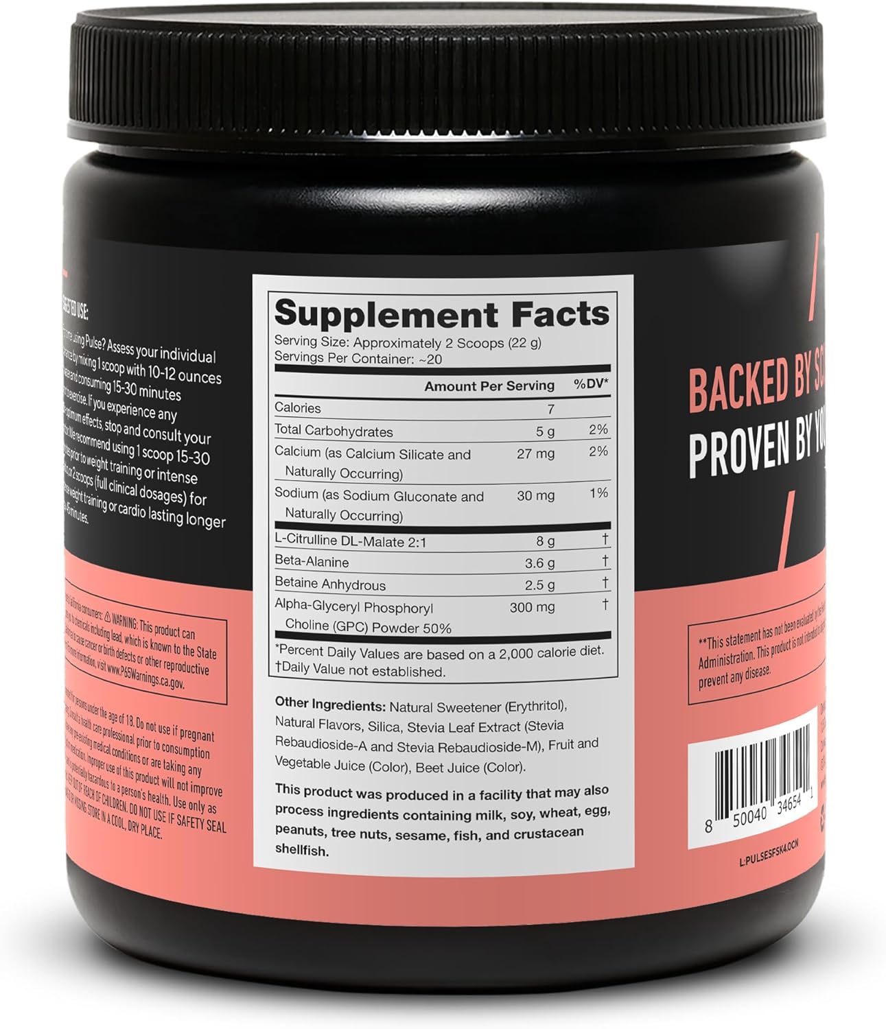 Natural Nitric Oxide Preworkout Drink - Caffeine Free Strawberry Kiwi Powder with Beta Alanine Alpha GPC Citrulline - LEGION Pulse Supplement