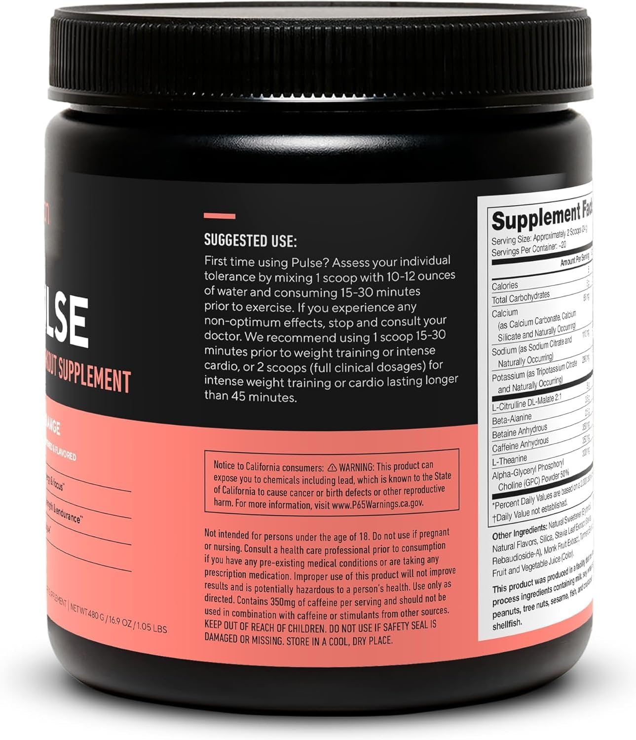 Natural Nitric Oxide Preworkout Drink for Energy Boost - Creatine Free, Sweetened Naturally, Beta Alanine, Citrulline, Alpha GPC - Blood Orange Flavor