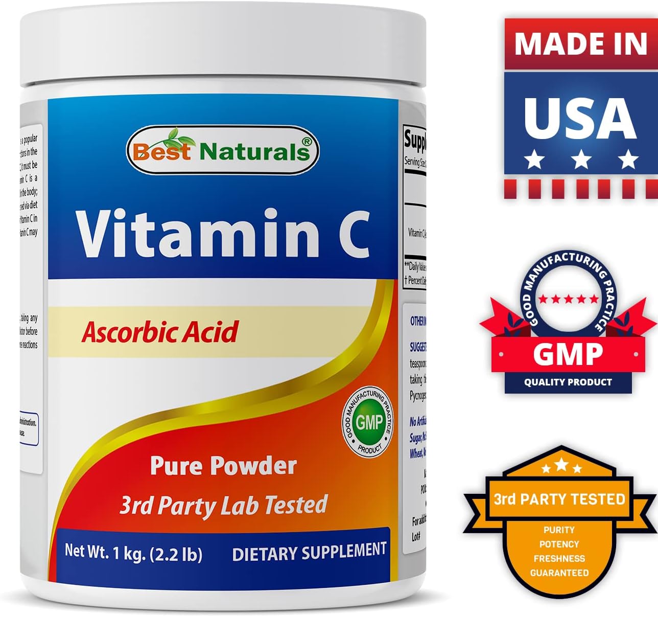 Natural Non-GMO Vitamin C Powder - 2 Pack, 1 lb Each (454 Grams) - Pure Ascorbic Acid Supplement