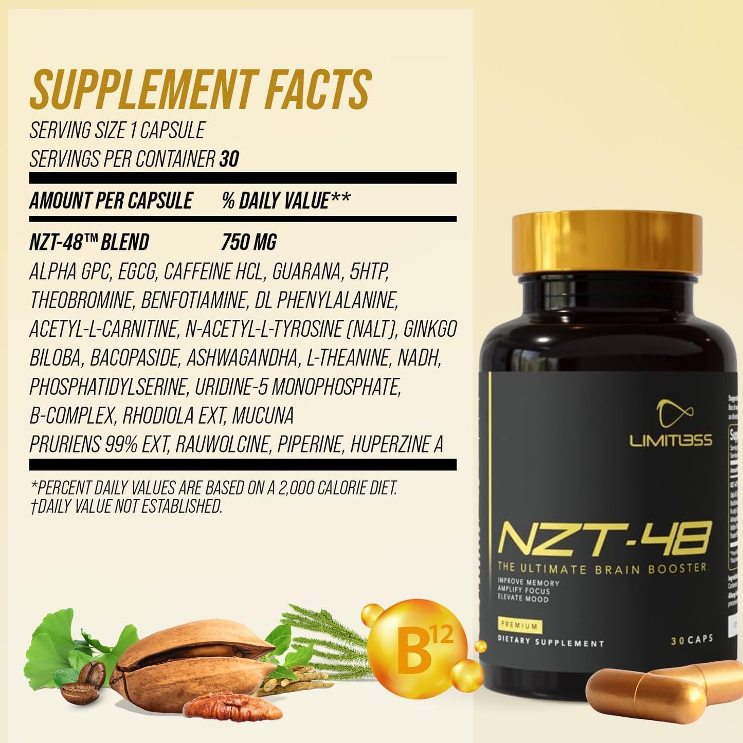 Natural Nootropic Brain Booster Supplement for Memory, Focus & Energy - 30 Servings