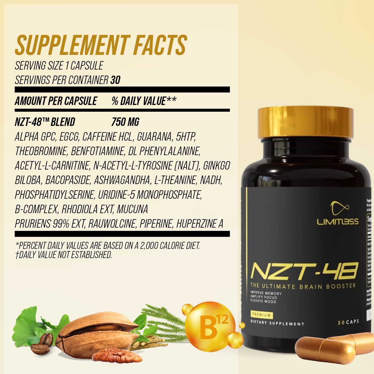 Natural Nootropic Brain Booster Supplement for Memory, Focus & Energy - 30 Servings