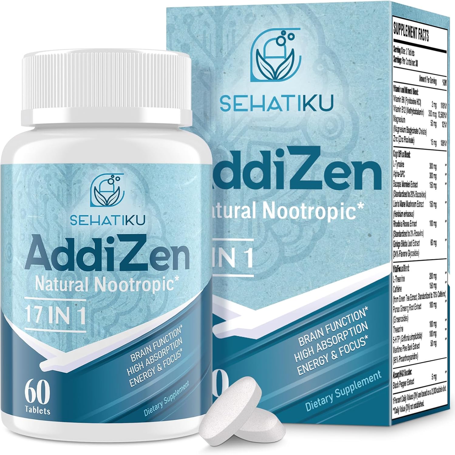 Natural Nootropic Brain Supplement for Memory, Focus, and Energy | 17-in-1 Formula with L-Theanine, Phytonutrients, and Vitamins | High Absorption | 60 Tablets