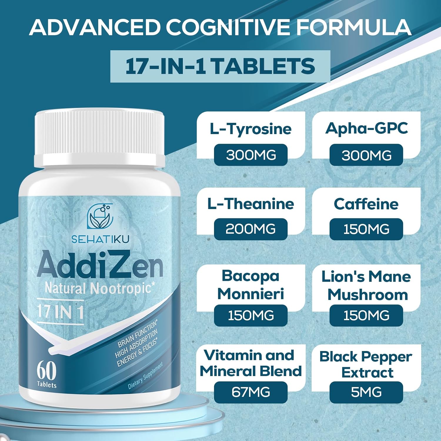 Natural Nootropic Brain Supplement for Memory, Focus, and Energy | 17-in-1 Formula with L-Theanine, Phytonutrients, and Vitamins | High Absorption | 60 Tablets
