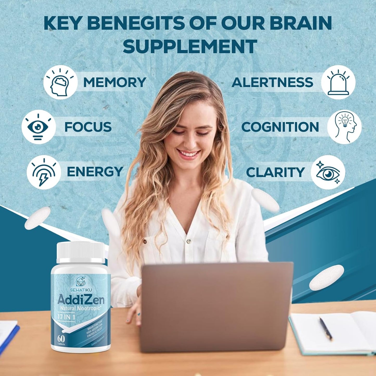 Natural Nootropic Brain Supplement for Memory, Focus, and Energy | 17-in-1 Formula with L-Theanine, Phytonutrients, and Vitamins | High Absorption | 60 Tablets