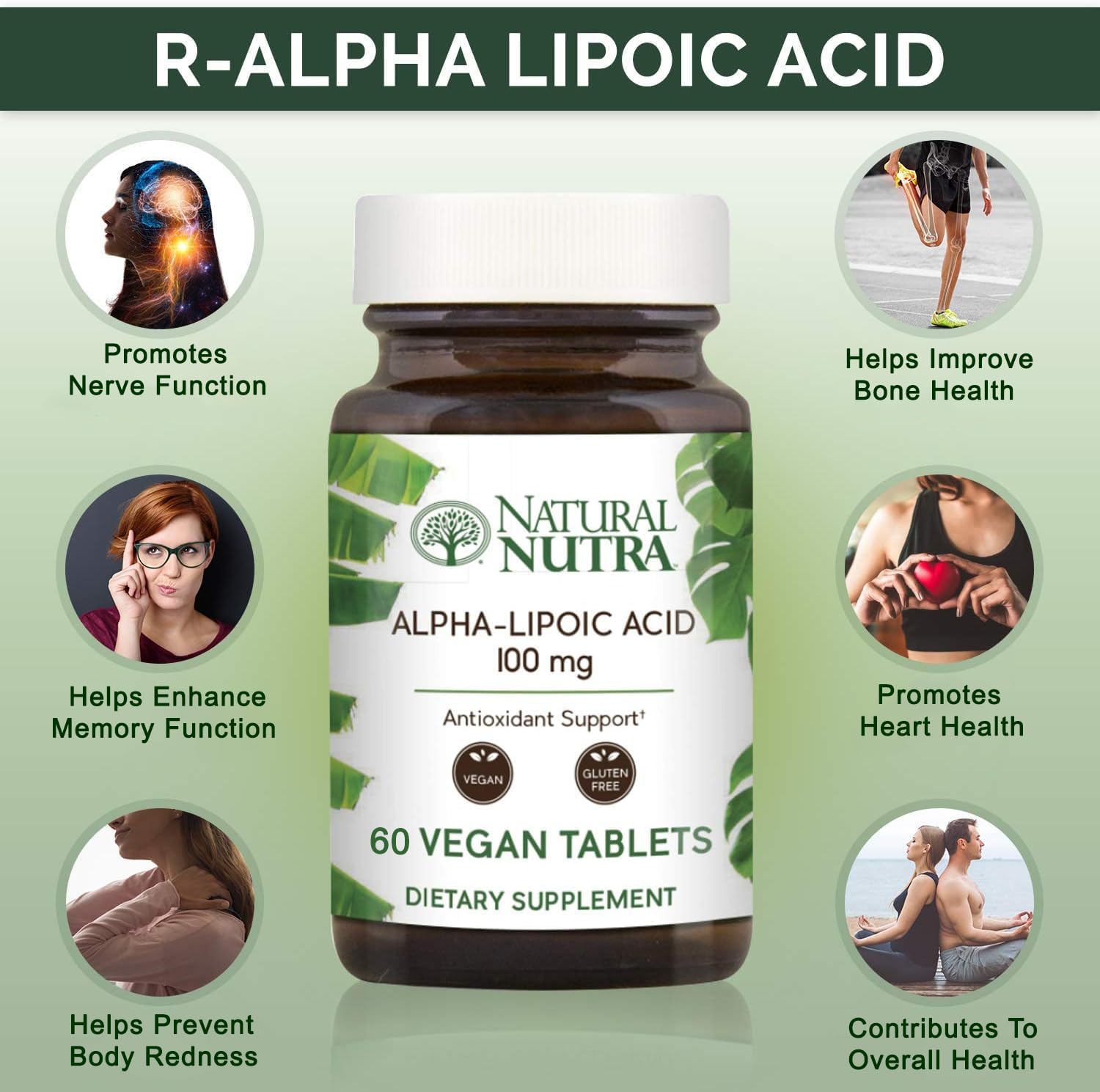 Natural Nutra R-Alpha Lipoic Acid Tablets - Boost Bone and Heart Health, Memory, Nerve Function - Gluten Free, 100mg, 60 Vegan/Vegetarian Tabs
