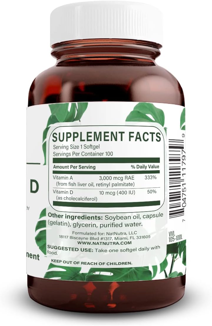 Natural Nutra Vitamin A and D Softgels for Bone, Eye, and Teeth Health - Cod Liver Oil Source - 100 Softgels