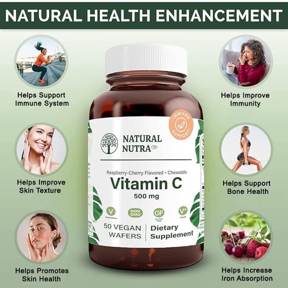 Natural Nutra Vitamin C Supplement - Immune & Bone Health Support for Kids & Adults - Vegan Wafers, 500 mg - Skin & Heart Health Booster