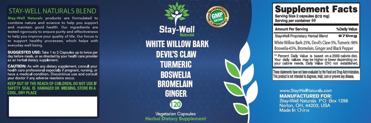Natural Pain Relief Supplement with White Willow Bark, Devil's Claw, Turmeric, Boswellia, Bromelain, and Ginger Extract - 120 Capsules