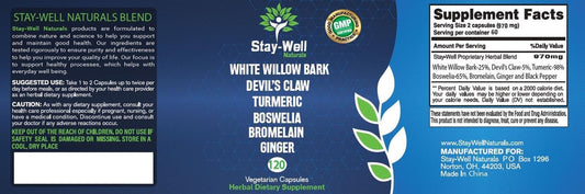 Natural Pain Relief Supplement with White Willow Bark, Devil's Claw, Turmeric, Boswellia, Bromelain, and Ginger Extract - 120 Capsules