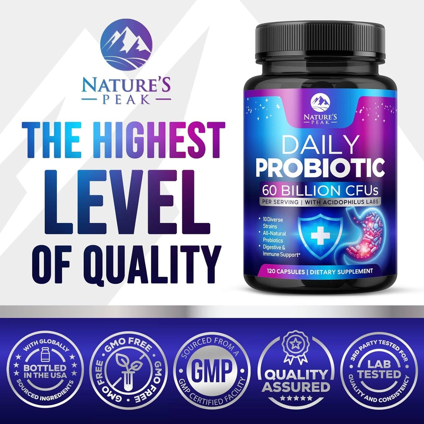 Natural Peak 60 Billion CFU Probiotic Supplement with Prebiotics for Gut Health - 10 Strains + 4 Prebiotics, Digestive Nutritional Support for Men & Women, 120 Capsules