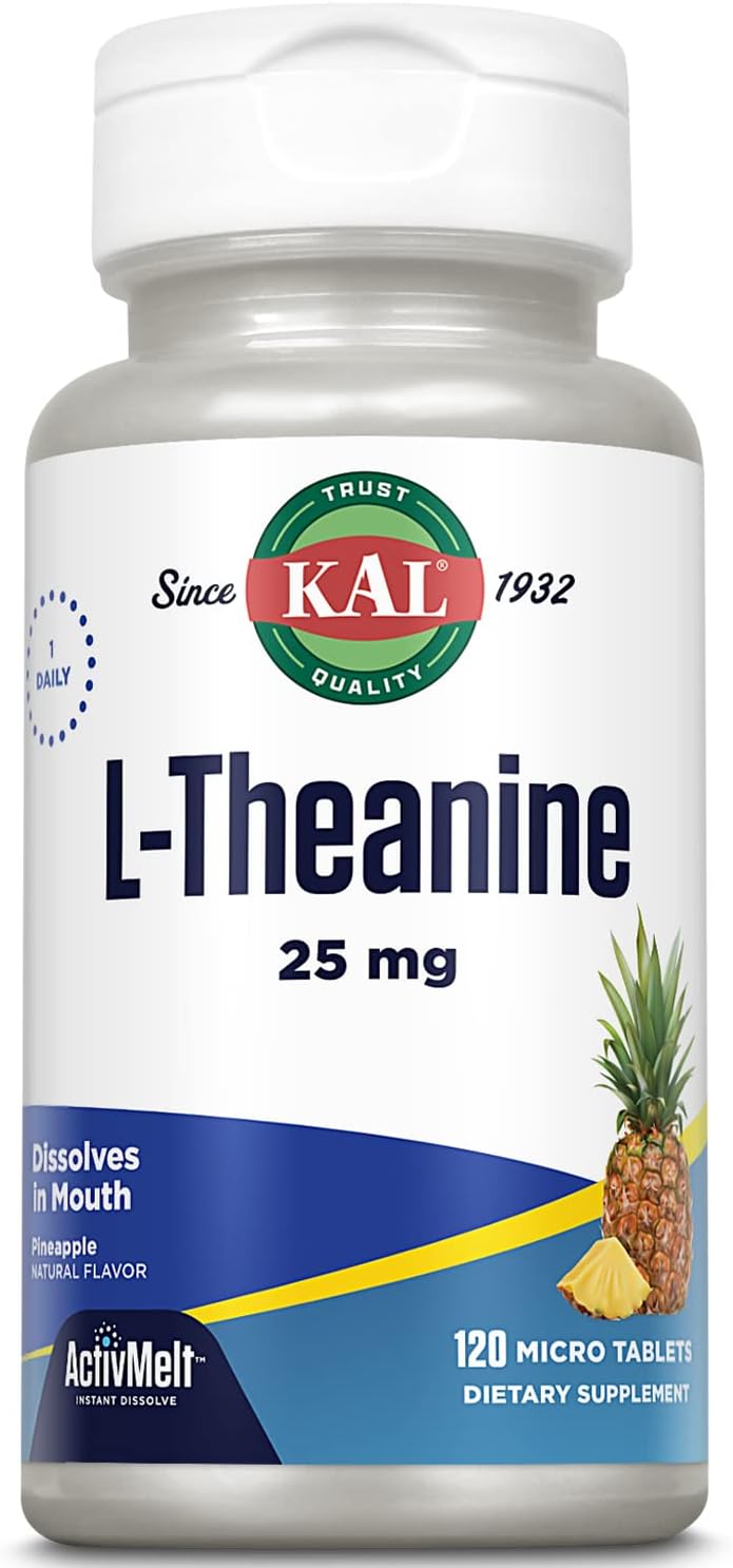 Natural Pineapple Flavored KAL L Theanine 25 mg ActivMelt - Stress Relief and Focus Supplement - Vegetarian - 120 Servings