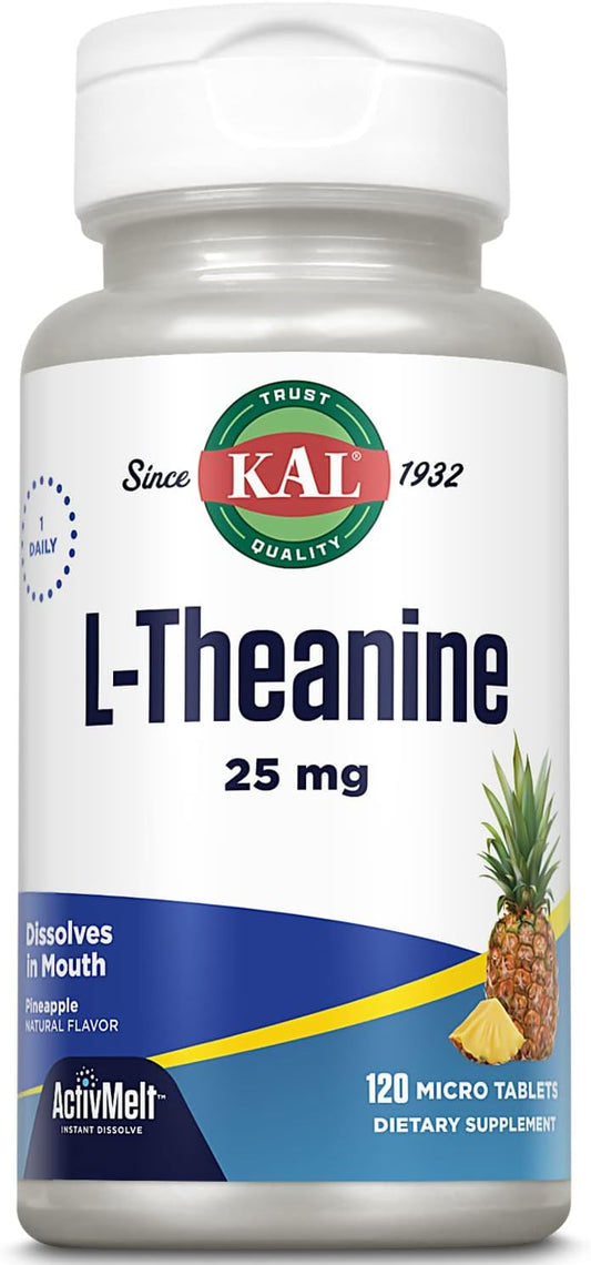 Natural Pineapple Flavored KAL L Theanine 25 mg ActivMelt - Stress Relief and Focus Supplement - Vegetarian - 120 Servings