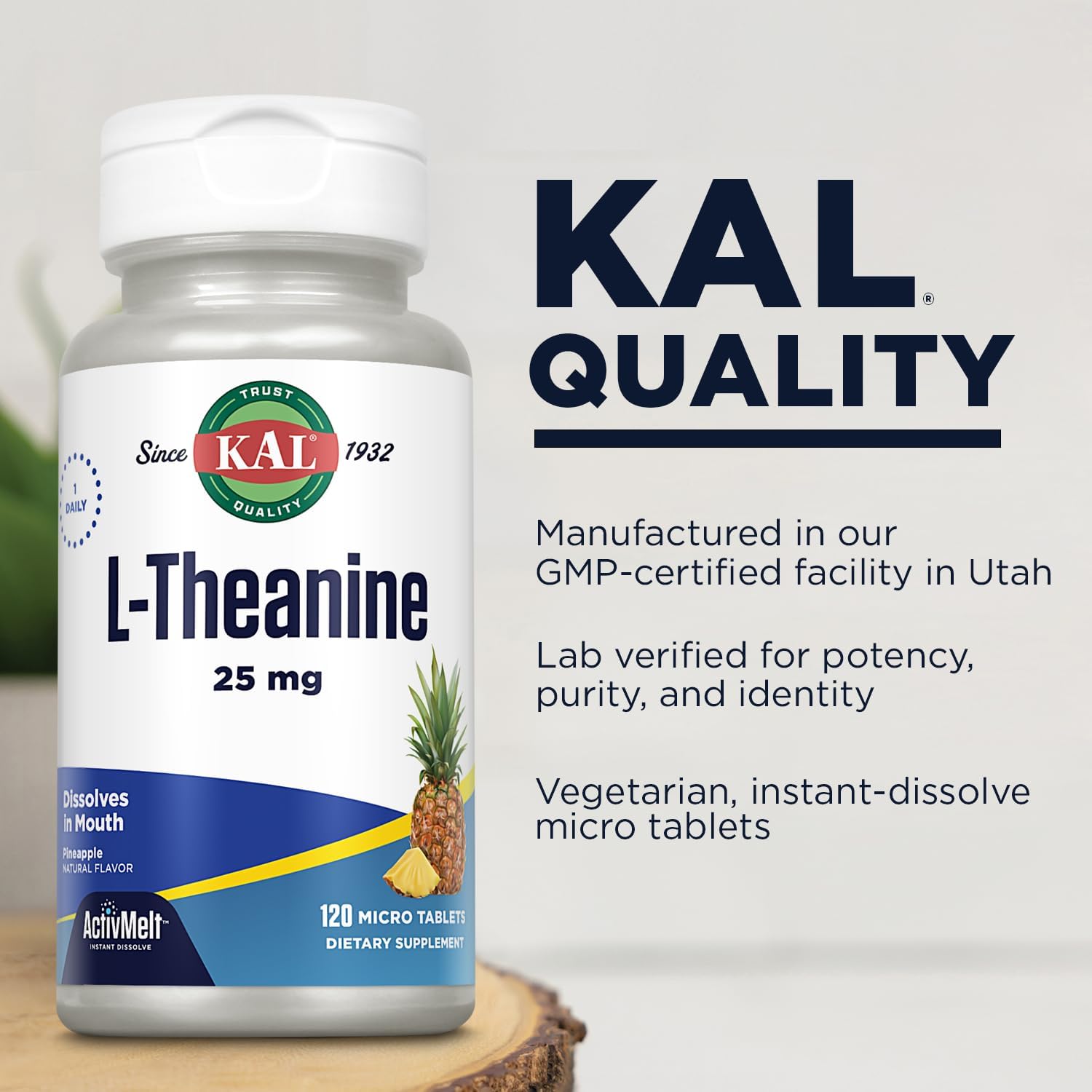 Natural Pineapple Flavored KAL L Theanine 25 mg ActivMelt - Stress Relief and Focus Supplement - Vegetarian - 120 Servings