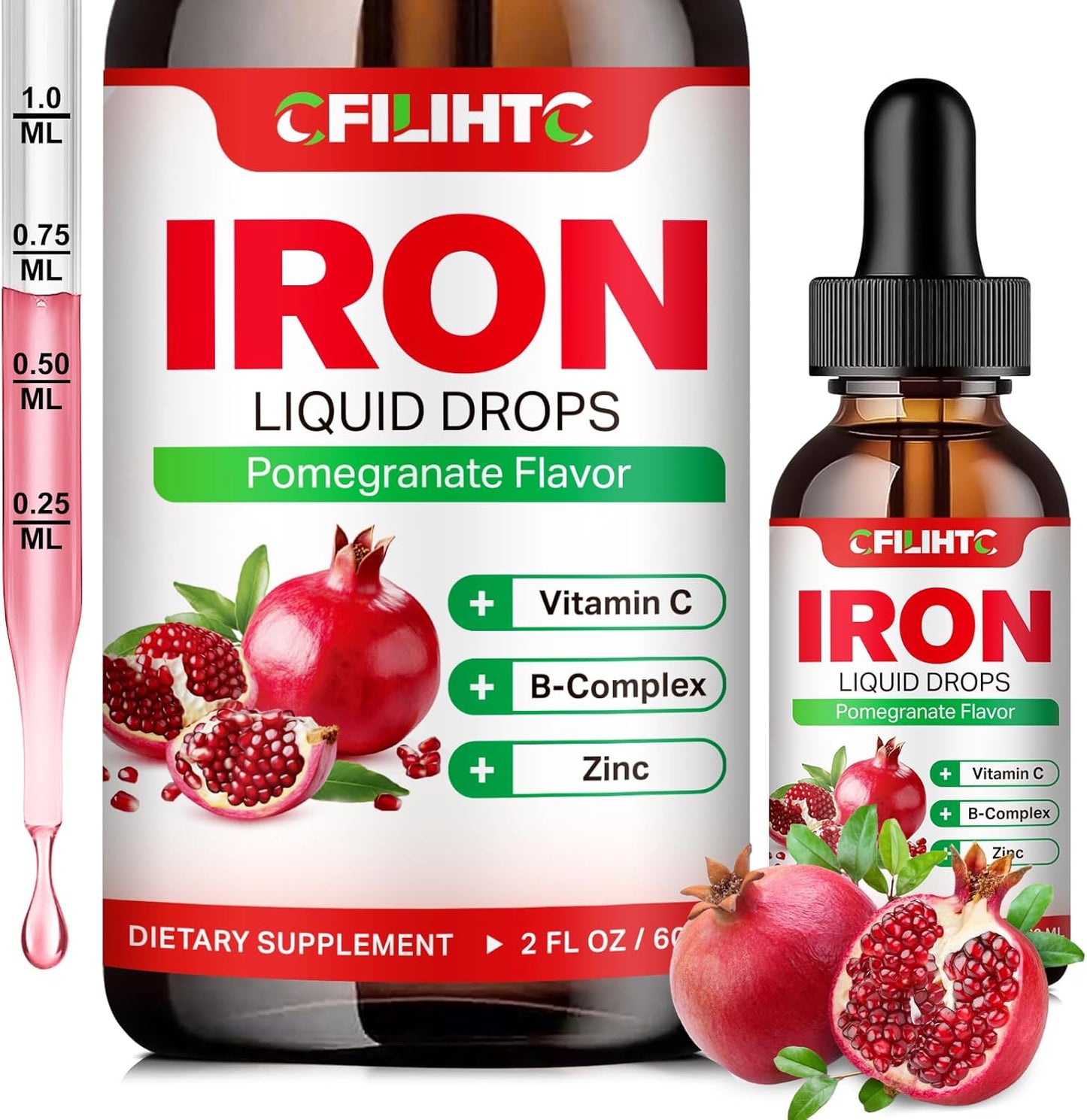 Natural Pomegranate Liquid Iron Supplement with Multivitamins for Anemia & Energy - Vegan Formula for Women, Men, & Kids - 2 Fl Oz