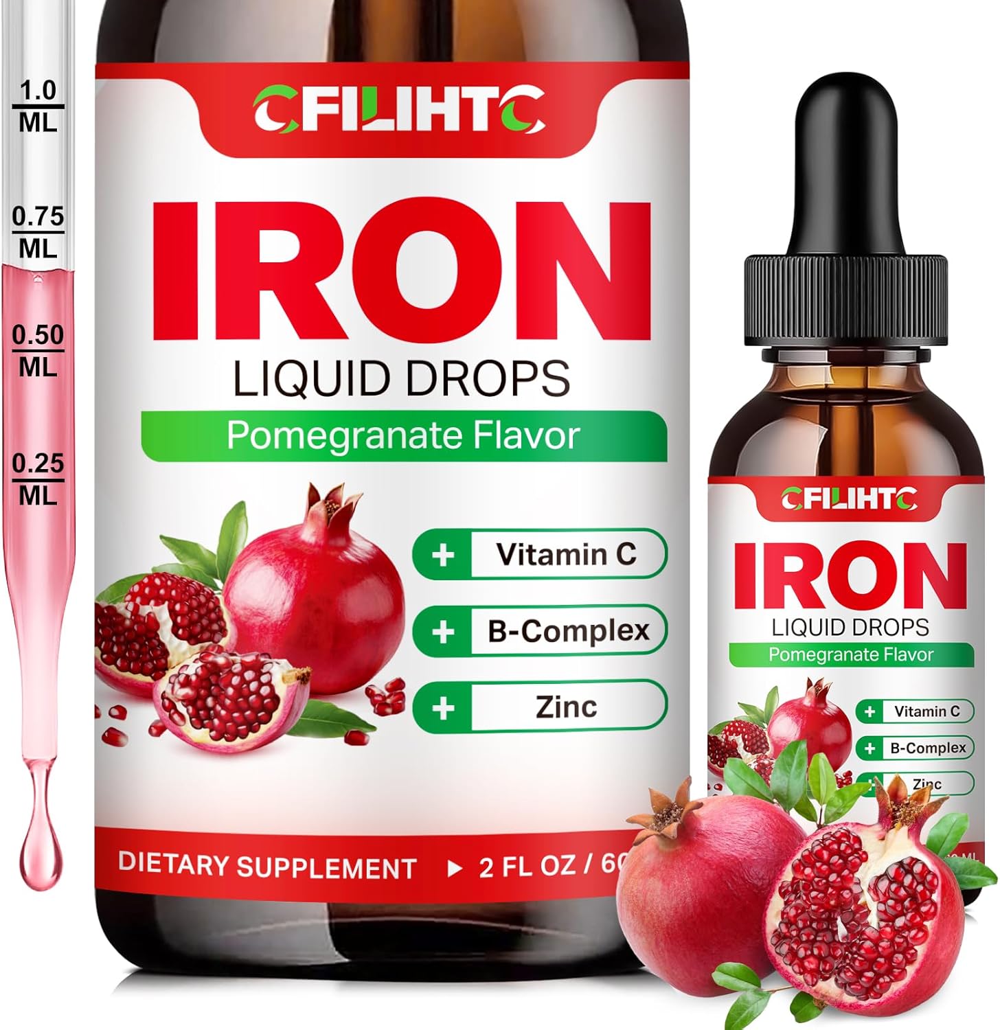 Natural Pomegranate Liquid Iron Supplement with Multivitamins for Anemia & Energy - Vegan Formula for Women, Men, & Kids - 2 Fl Oz