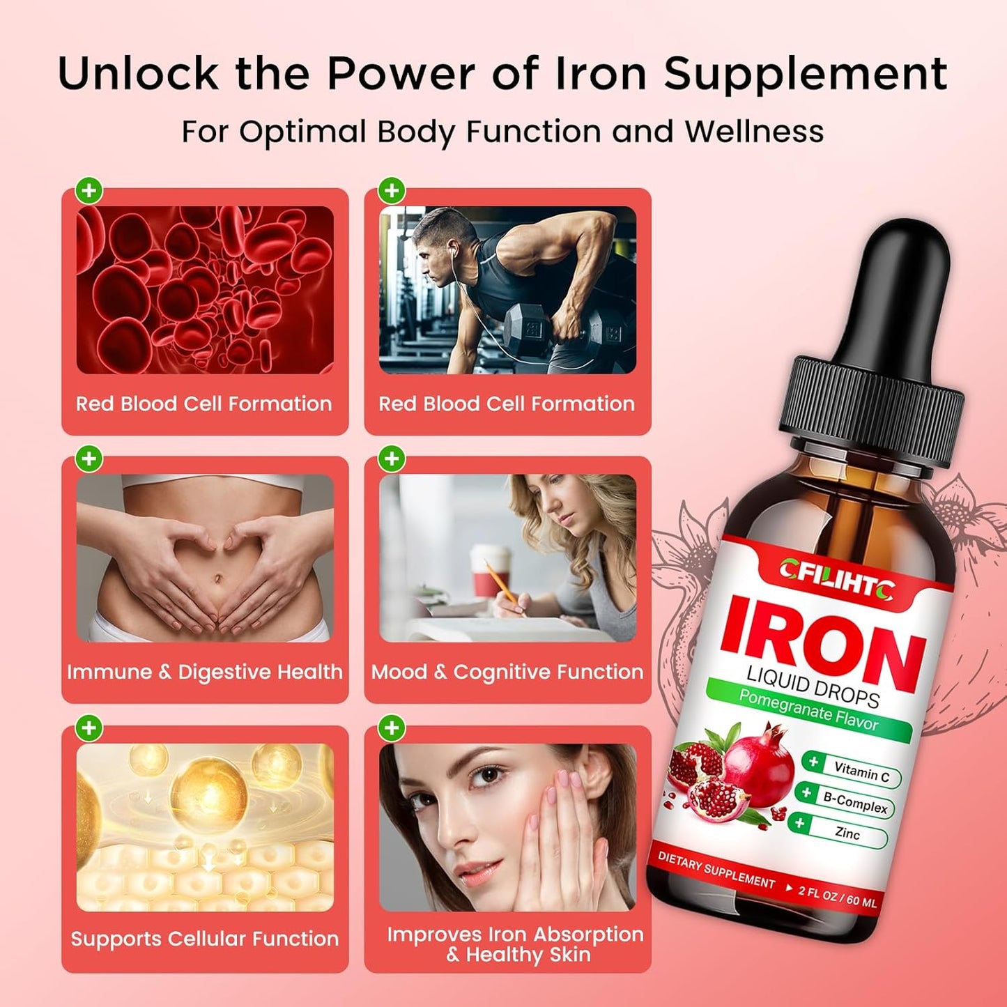 Natural Pomegranate Liquid Iron Supplement with Multivitamins for Anemia & Energy - Vegan Formula for Women, Men, & Kids - 2 Fl Oz