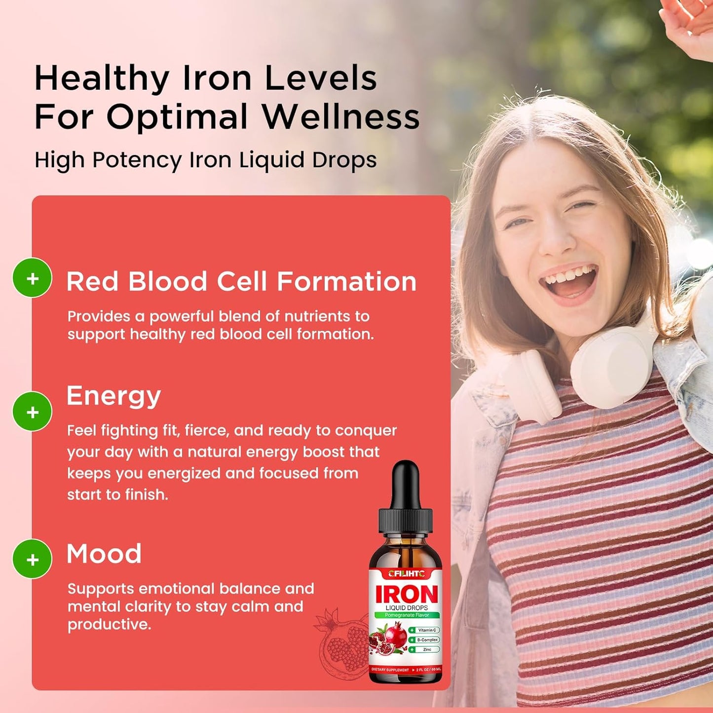 Natural Pomegranate Liquid Iron Supplement with Multivitamins for Anemia & Energy - Vegan Formula for Women, Men, & Kids - 2 Fl Oz
